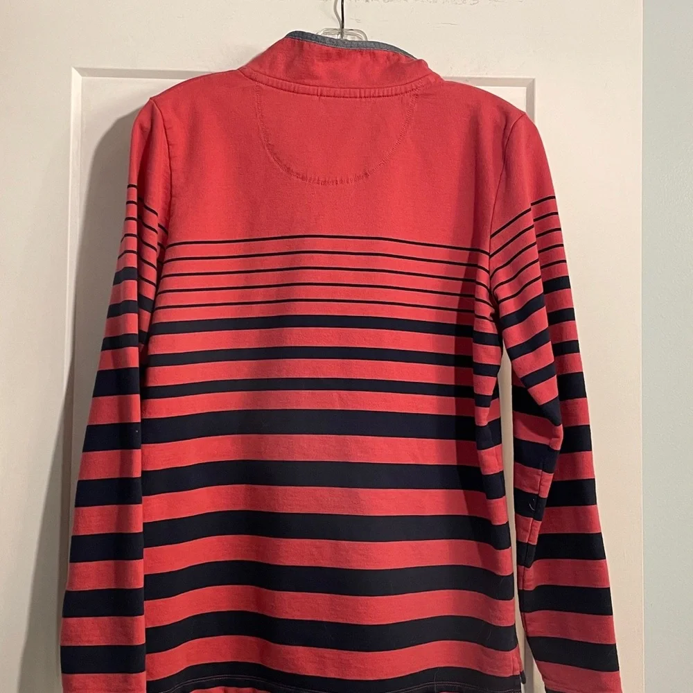 LL Bean Size Med Rosy Pink and Navy Striped LS Tee 100% Cotton 4 Button Placket - Picture 5 of 6
